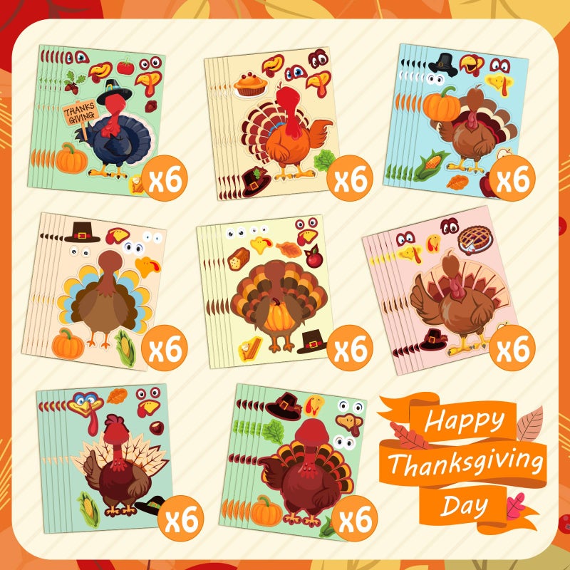 Max Fun 48 Pack Thanksgiving Stickers for Kids Make-A-Turkey Stickers Crafts Thanksgiving Party Games Activities Supplies for Goody Bag Filler - Image 3